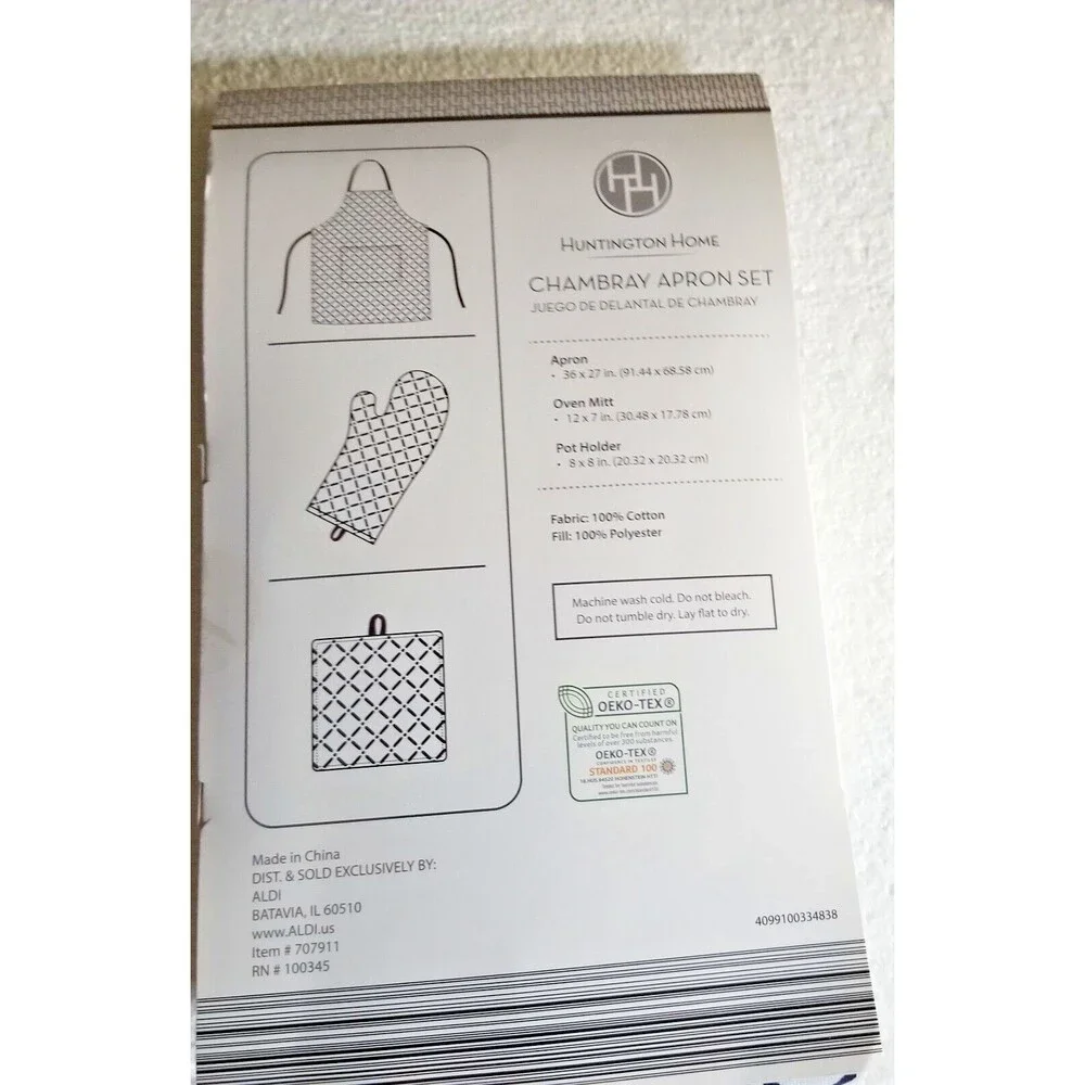 Chambray Apron Set 3 Piece Heat Resistant OEKO-Tex Huntington Home Navy & White